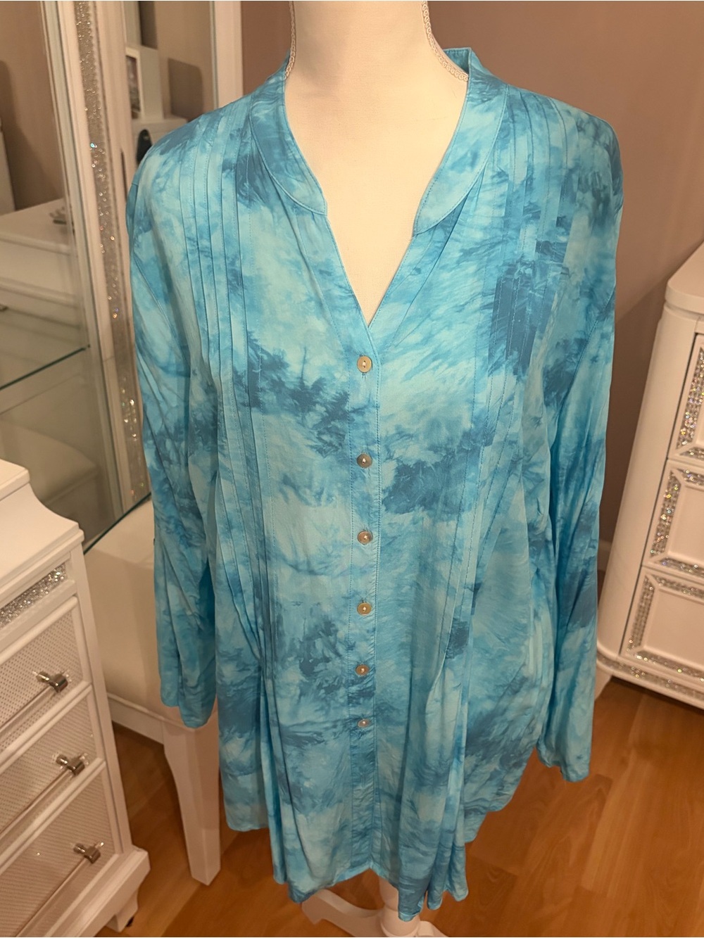 Ruby Rd Blue Tie Dye Pleated Front Long Sleeve Top Size 2X